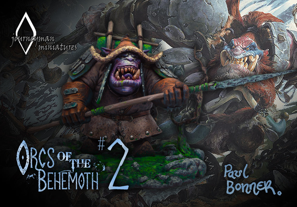 Illustration of orcs with a sword, featuring 'Orcs of the Behemoth #2' and 'journeymen miniatures' branding.